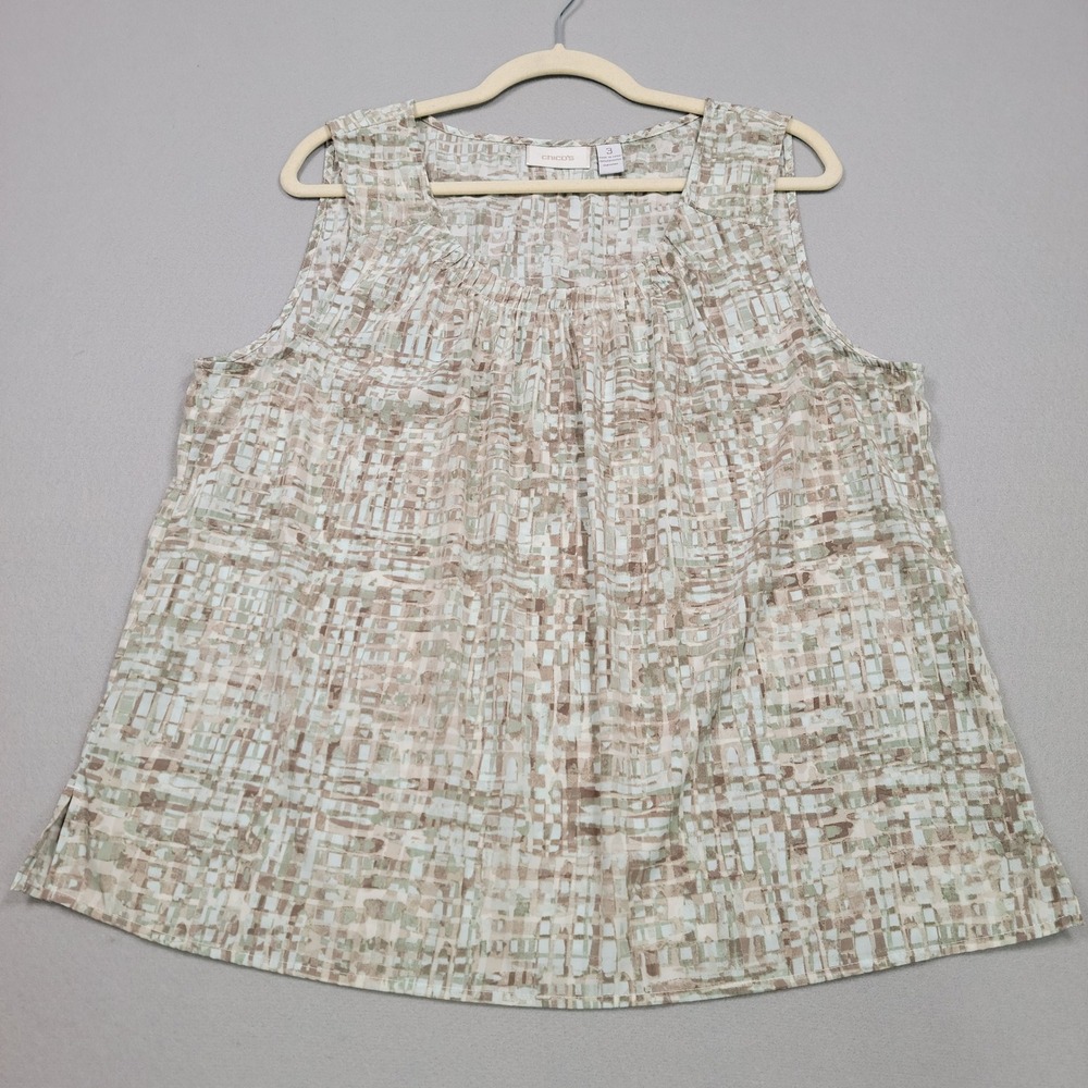 Women's Chico's Abstract Grid Sleeveless Blouse,Green/Tan, Size 3/XL, Pre-Owned